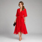 Megan | Women's Midi Dress with V-Neckline and Waist Tie, Layered Asymmetric Midi Dress | The Dress Cellar