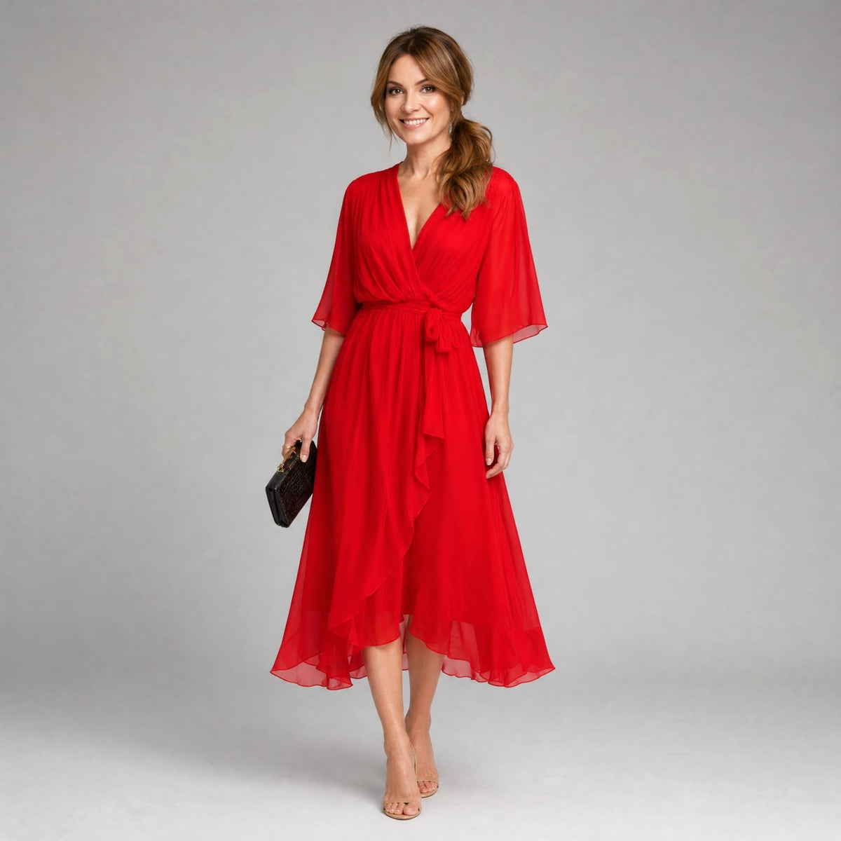 Megan | Women's Midi Dress with V-Neckline and Waist Tie, Layered Asymmetric Midi Dress | The Dress Cellar