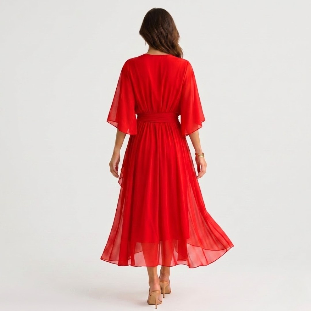 Megan | Women's Midi Dress with V-Neckline and Waist Tie, Layered Asymmetric Midi Dress | The Dress Cellar
