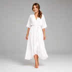 Megan | Women's Midi Dress with V-Neckline and Waist Tie, Layered Asymmetric Midi Dress | The Dress Cellar