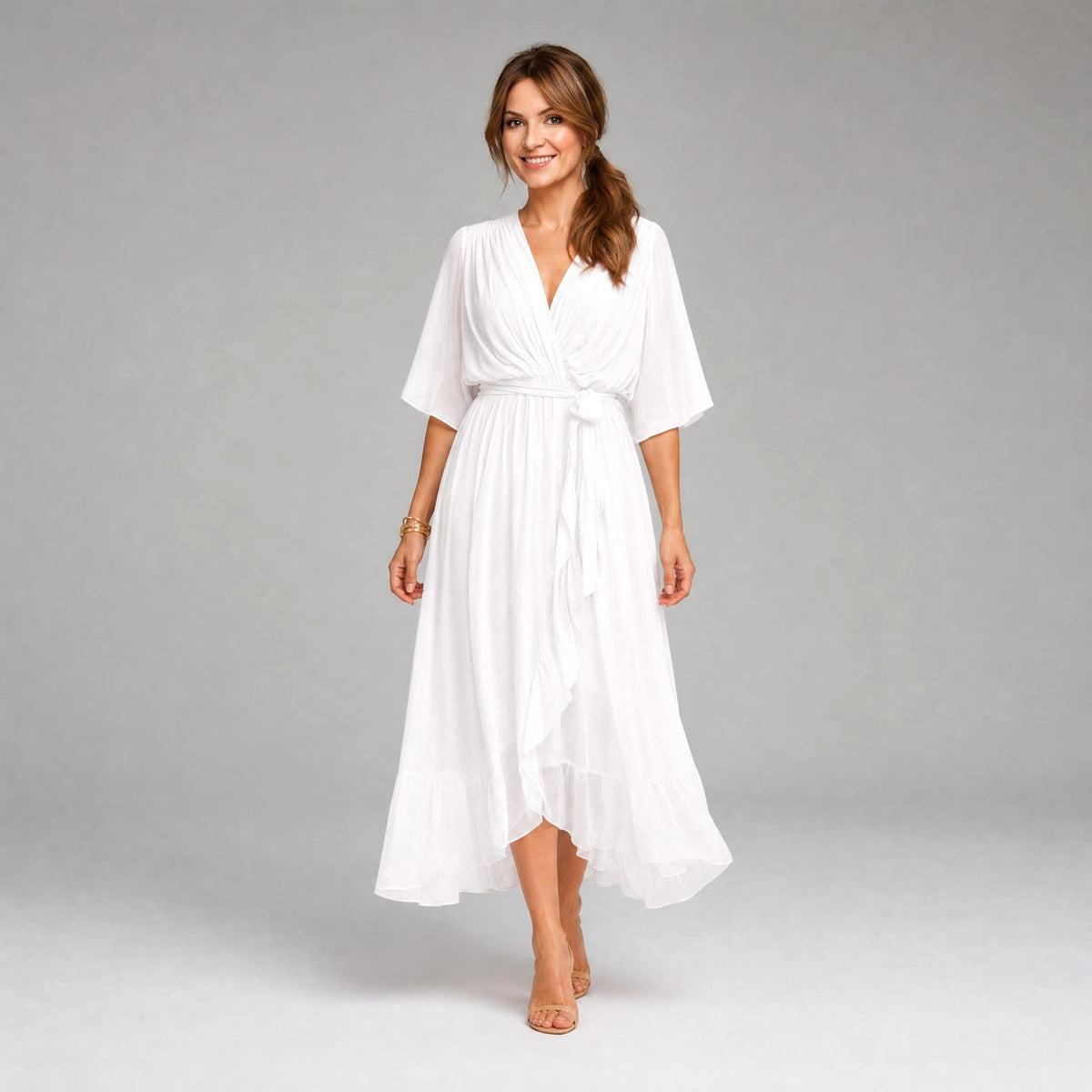 Megan | Women's Midi Dress with V-Neckline and Waist Tie, Layered Asymmetric Midi Dress | The Dress Cellar