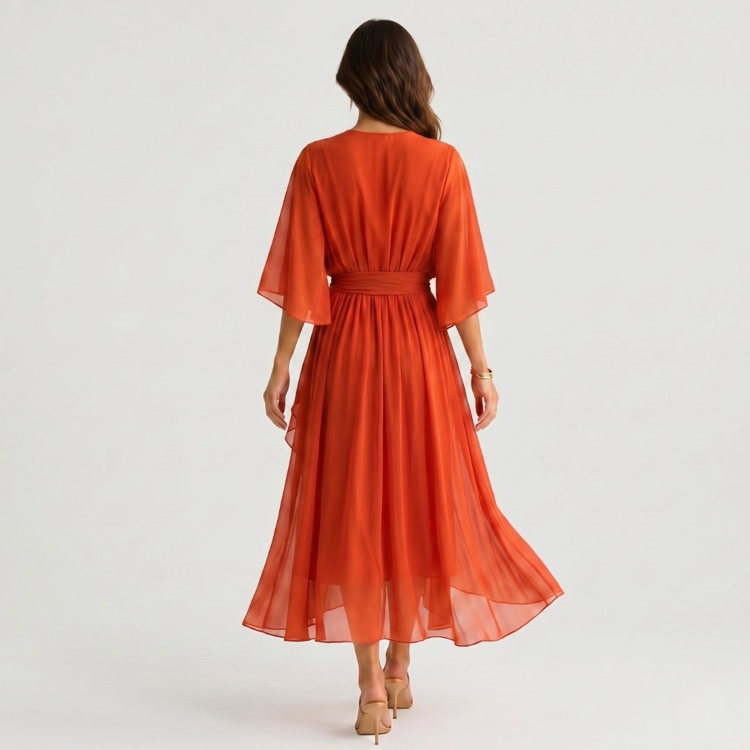 Megan | Women's Midi Dress with V-Neckline and Waist Tie, Layered Asymmetric Midi Dress | The Dress Cellar