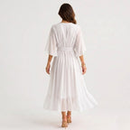 Megan | Women's Midi Dress with V-Neckline and Waist Tie, Layered Asymmetric Midi Dress | The Dress Cellar