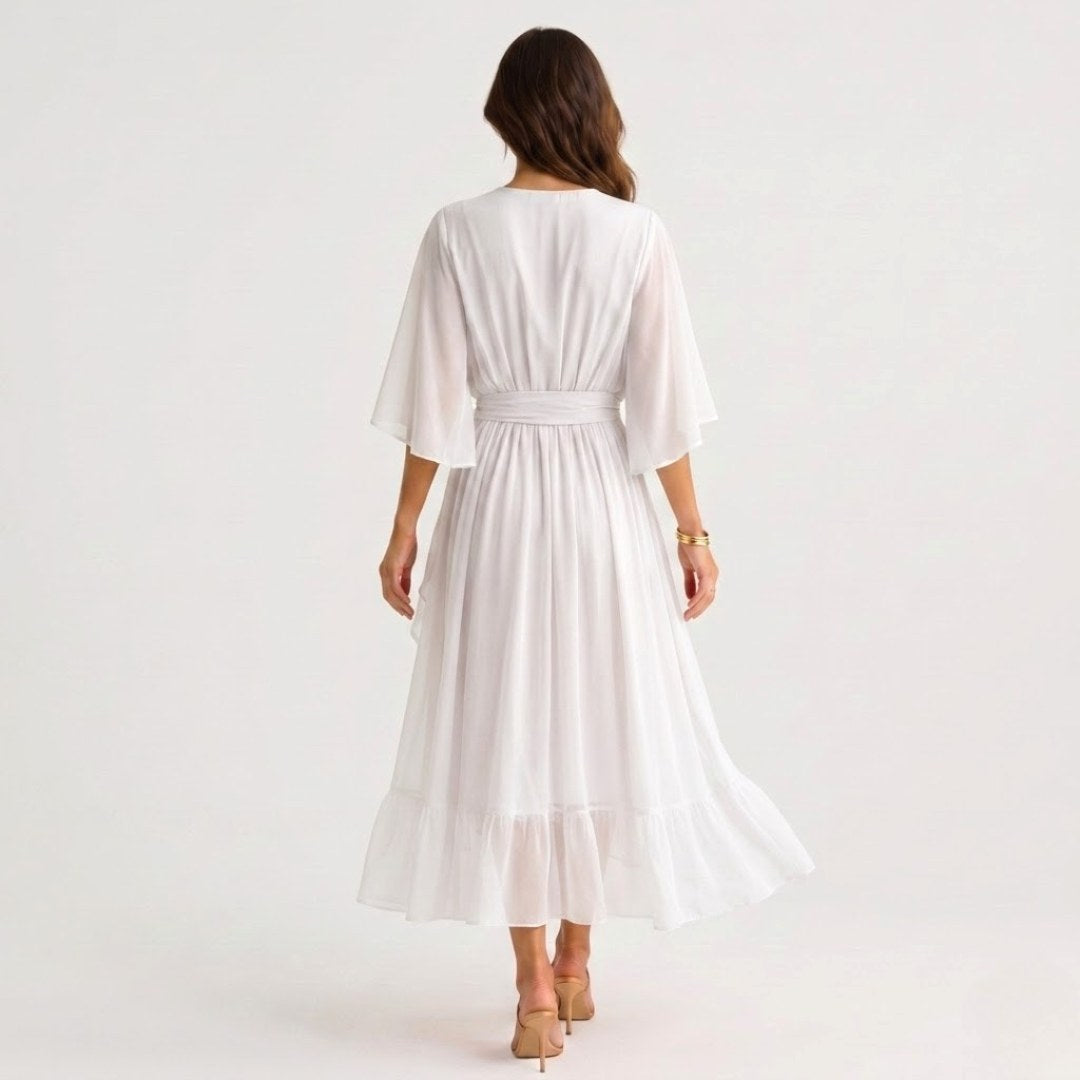 Megan | Women's Midi Dress with V-Neckline and Waist Tie, Layered Asymmetric Midi Dress | The Dress Cellar