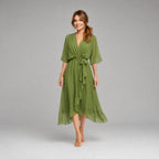Megan | Women's Midi Dress with V-Neckline and Waist Tie, Layered Asymmetric Midi Dress | The Dress Cellar
