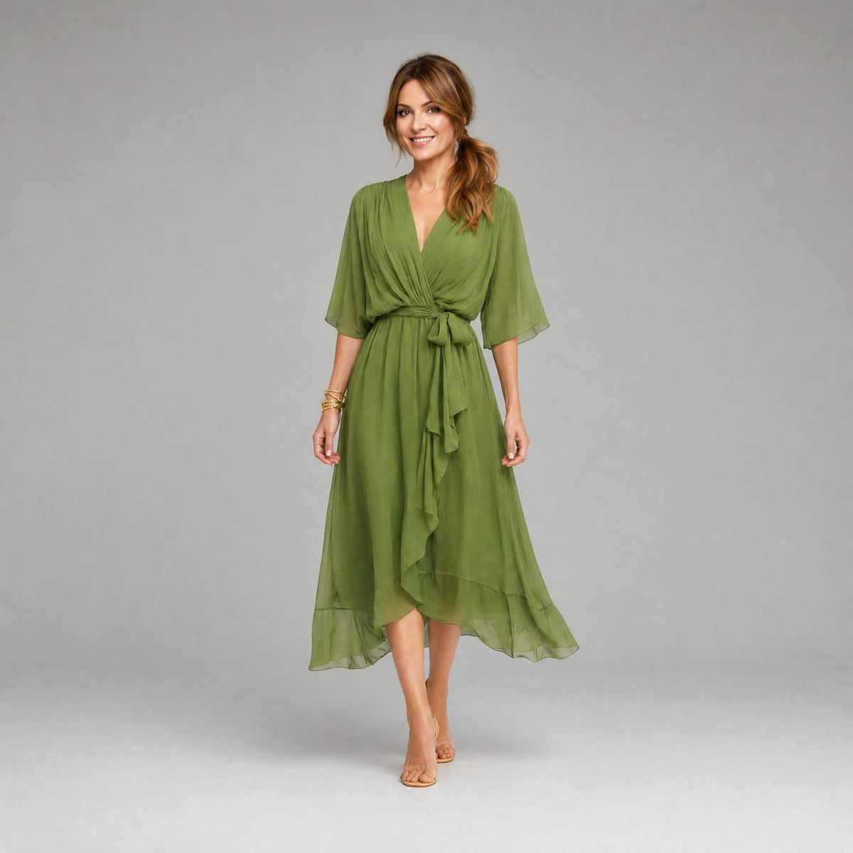 Megan | Women's Midi Dress with V-Neckline and Waist Tie, Layered Asymmetric Midi Dress | The Dress Cellar