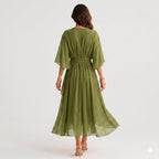 Megan | Women's Midi Dress with V-Neckline and Waist Tie, Layered Asymmetric Midi Dress | The Dress Cellar