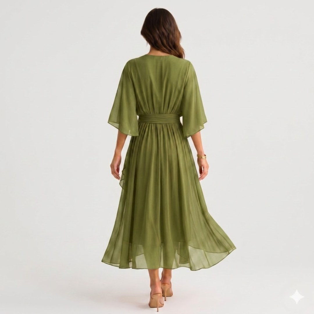 Megan | Women's Midi Dress with V-Neckline and Waist Tie, Layered Asymmetric Midi Dress | The Dress Cellar