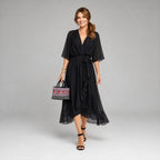 Megan | Women's Midi Dress with V-Neckline and Waist Tie, Layered Asymmetric Midi Dress | The Dress Cellar