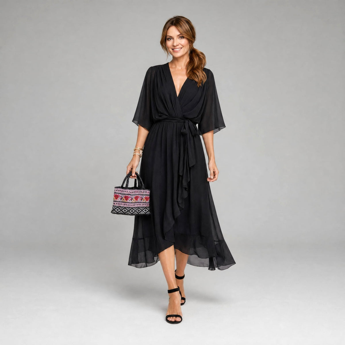 Megan | Women's Midi Dress with V-Neckline and Waist Tie, Layered Asymmetric Midi Dress | The Dress Cellar