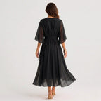Megan | Women's Midi Dress with V-Neckline and Waist Tie, Layered Asymmetric Midi Dress | The Dress Cellar