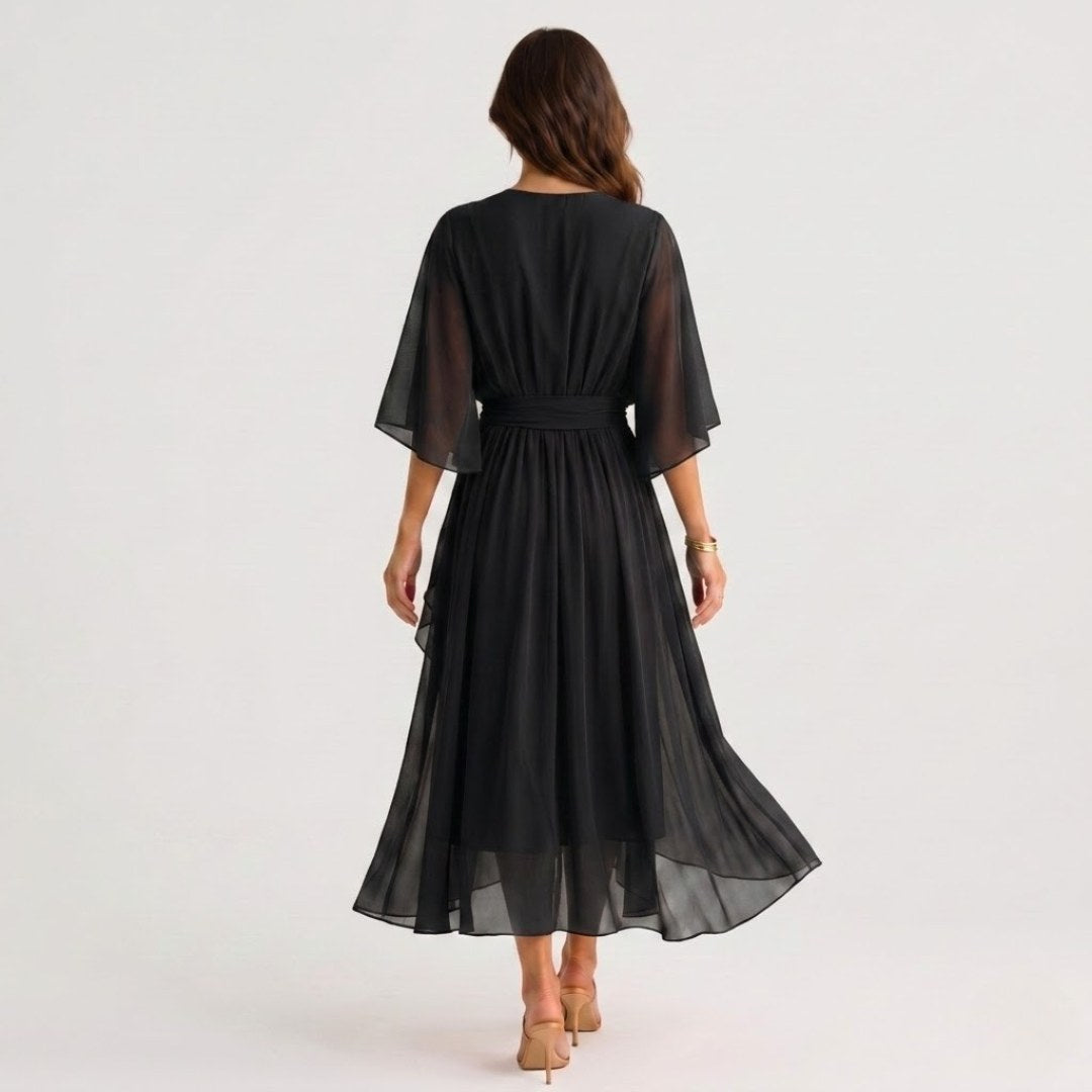 Megan | Women's Midi Dress with V-Neckline and Waist Tie, Layered Asymmetric Midi Dress | The Dress Cellar
