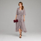 Megan | Women's Midi Dress with V-Neckline and Waist Tie, Layered Asymmetric Midi Dress | The Dress Cellar