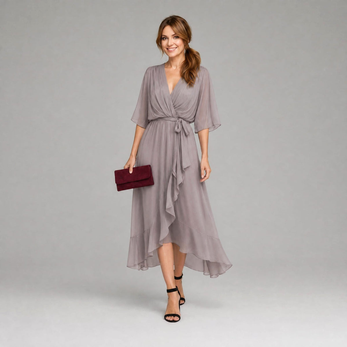 Megan | Women's Midi Dress with V-Neckline and Waist Tie, Layered Asymmetric Midi Dress | The Dress Cellar