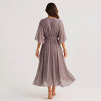 Megan | Women's Midi Dress with V-Neckline and Waist Tie, Layered Asymmetric Midi Dress | The Dress Cellar