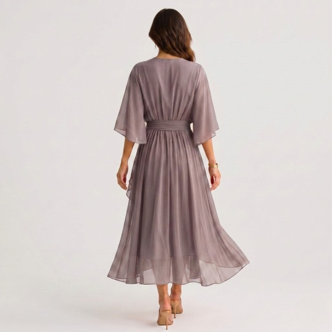 Megan | Women's Midi Dress with V-Neckline and Waist Tie, Layered Asymmetric Midi Dress | The Dress Cellar