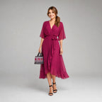 Megan | Women's Midi Dress with V-Neckline and Waist Tie, Layered Asymmetric Midi Dress | The Dress Cellar