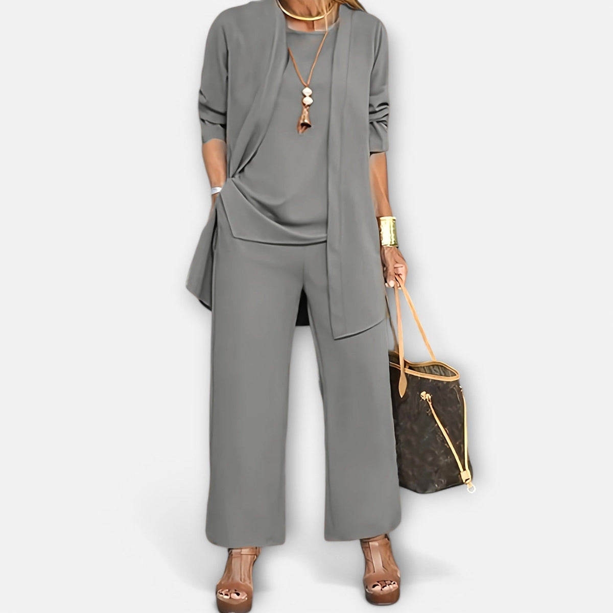 Ewa | Women's Three-Piece Lounge Set, Soft Knit Cardigan Suit | The Dress Cellar