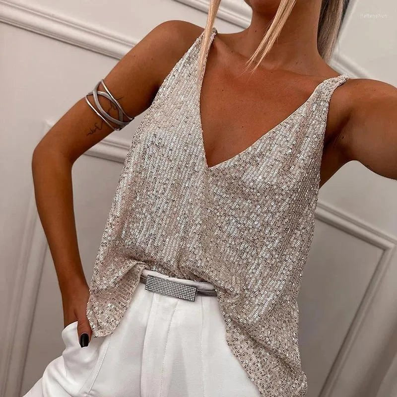 Olive | Women's Sequin Embellished Top with Adjustable Straps, V-Neck Evening Top | The Dress Cellar