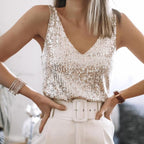 Olive | Women's Sequin Embellished Top with Adjustable Straps, V-Neck Evening Top | The Dress Cellar