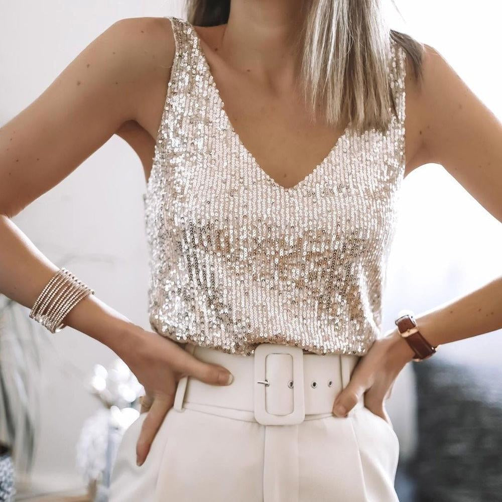 Olive | Women's Sequin Embellished Top with Adjustable Straps, V-Neck Evening Top | The Dress Cellar