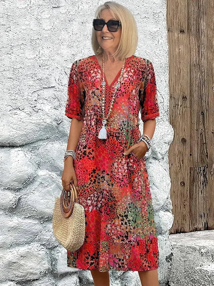 Fiora | Women's Colorful Midi Dress - Scarlet Red