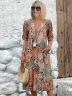 Fiora | Women's Colorful Midi Dress - Sandy Beige