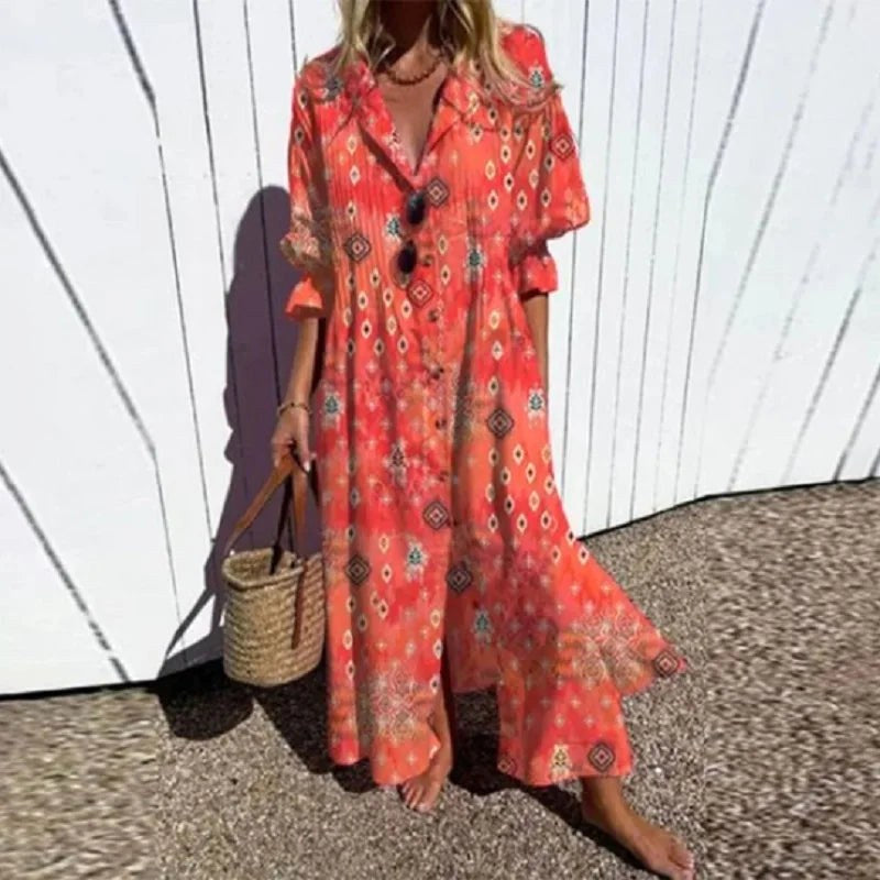Fleuria | Women's Bohemian Flowy Maxi Dress - Red