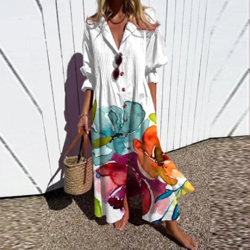 Fleuria | Women's Bohemian Flowy Maxi Dress - White