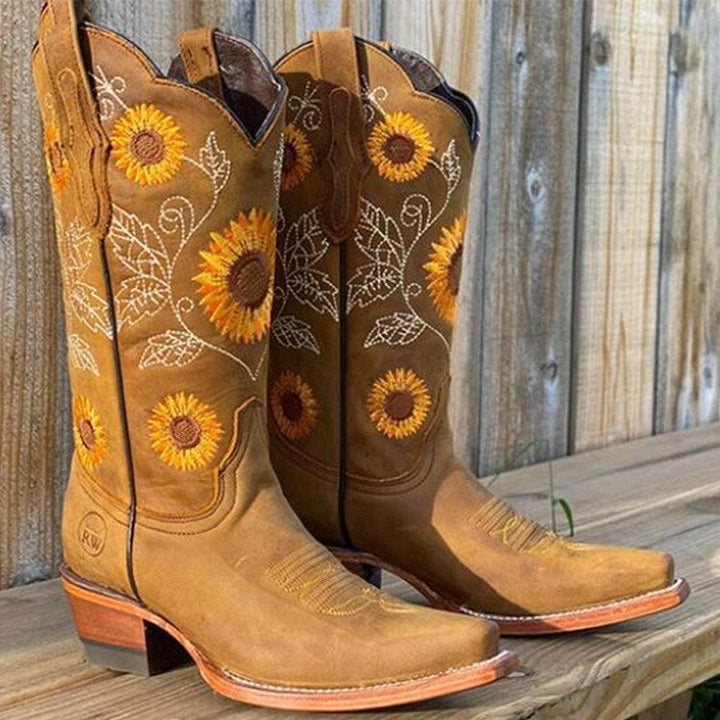Florence | Women's Bohemian-Style Boots, Sunflower Pattern Ankle Boots | The Dress Cellar | Khaki