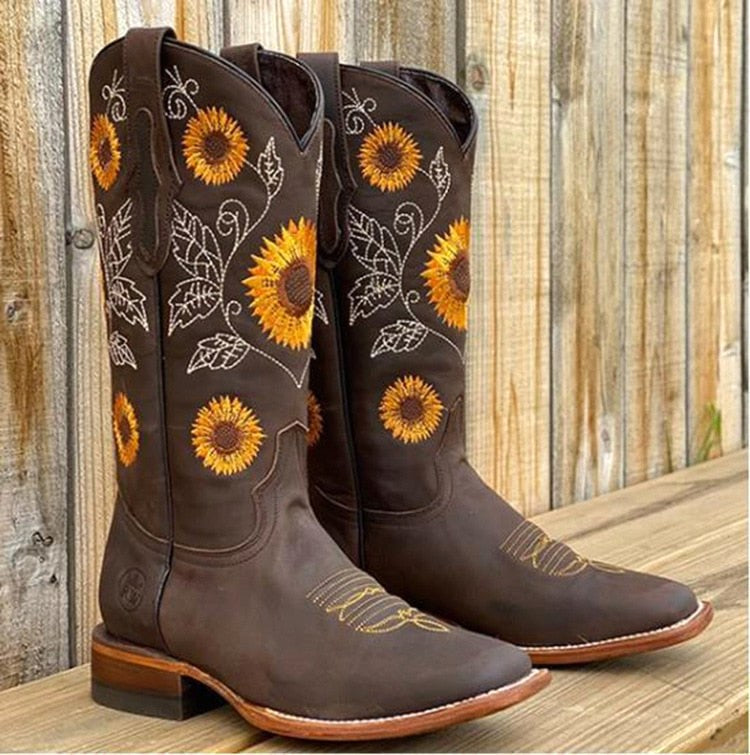 Florence | Women's Bohemian-Style Boots, Sunflower Pattern Ankle Boots | The Dress Cellar | Dark Brown