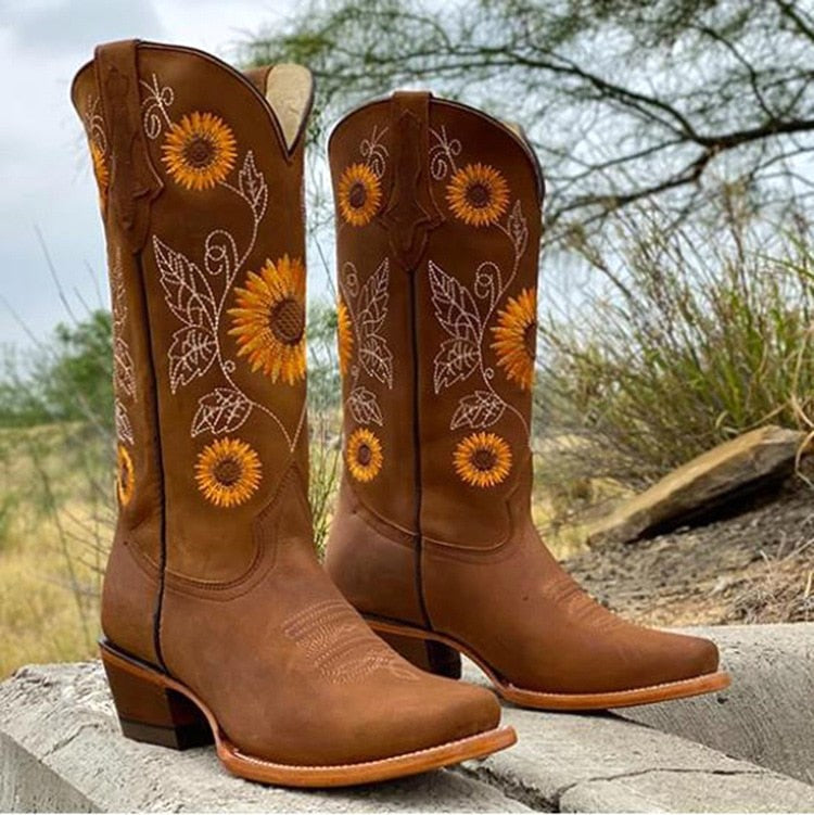Florence | Women's Bohemian-Style Boots, Sunflower Pattern Ankle Boots | The Dress Cellar | Brown