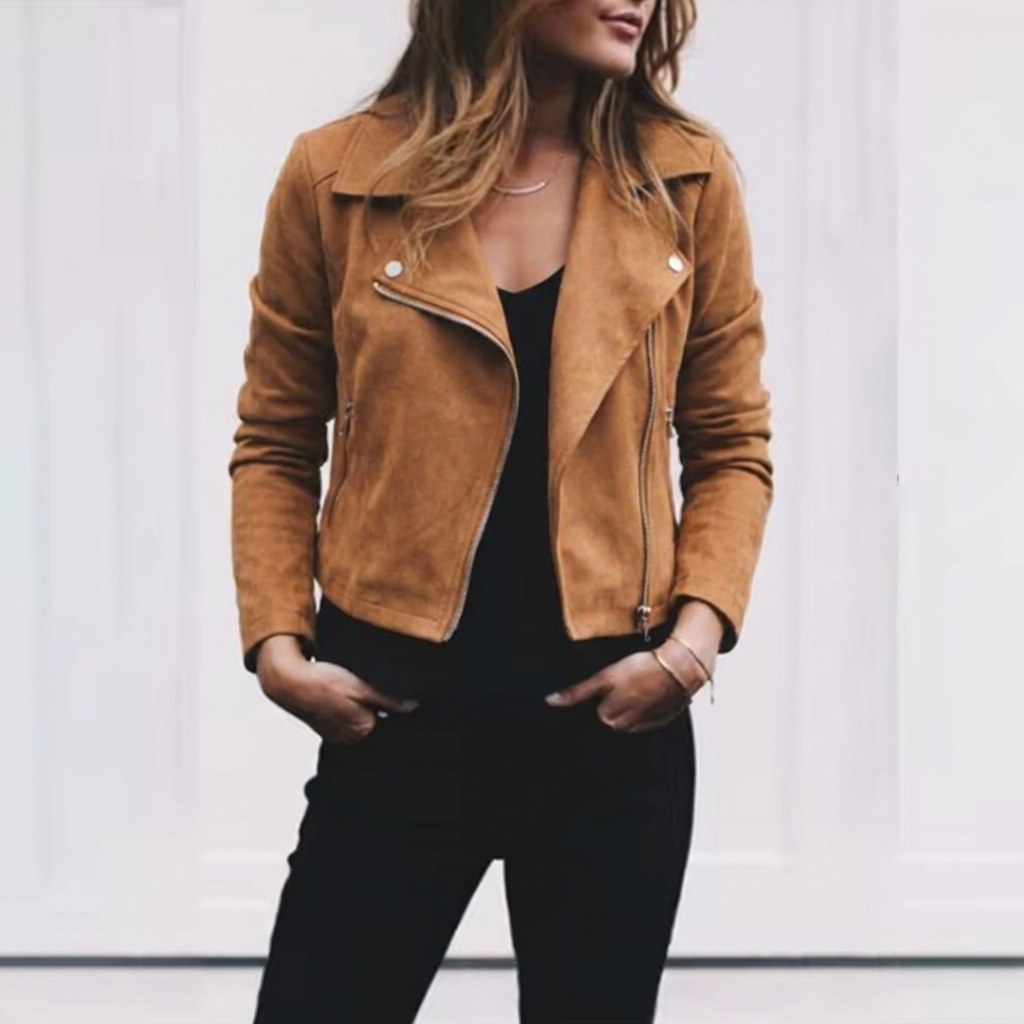 Florence | Women's Suede Cropped Jacket with Asymmetric Zip Front, Moto-Style Jacket | The Dress Cellar | Khaki