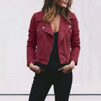 Florence | Women's Suede Cropped Jacket with Asymmetric Zip Front, Moto-Style Jacket | The Dress Cellar | Burgundy