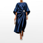Stephanie | Women's Draped Satin Midi Dress, Cape-Sleeve Evening Dress | The Dress Cellar