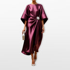 Stephanie | Women's Draped Satin Midi Dress, Cape-Sleeve Evening Dress | The Dress Cellar
