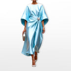 Stephanie | Women's Draped Satin Midi Dress, Cape-Sleeve Evening Dress | The Dress Cellar