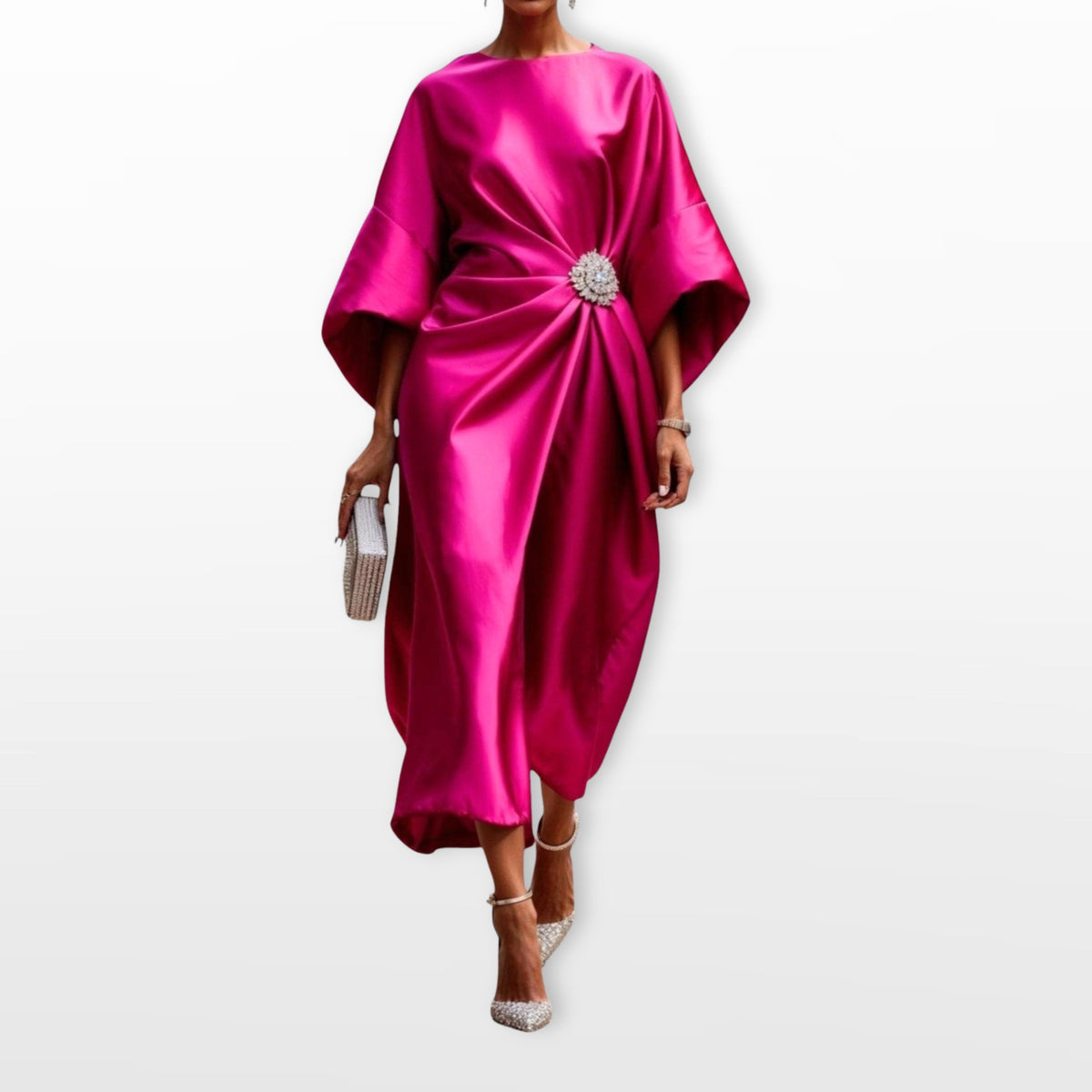 Stephanie | Women's Draped Satin Midi Dress, Cape-Sleeve Evening Dress | The Dress Cellar