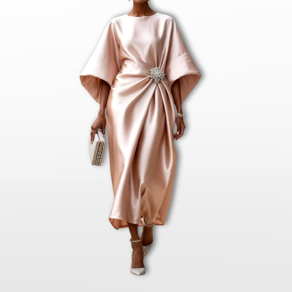 Stephanie | Women's Draped Satin Midi Dress, Cape-Sleeve Evening Dress | The Dress Cellar