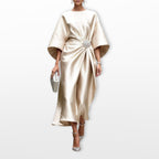 Stephanie | Women's Draped Satin Midi Dress, Cape-Sleeve Evening Dress | The Dress Cellar