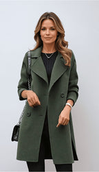 Genevieve | Women's Double Breasted Mid-Length Coat, Notched Lapel Autumn Coat | The Dress Cellar | Army Green