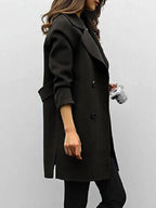 Genevieve | Women's Double Breasted Mid-Length Coat, Notched Lapel Autumn Coat | The Dress Cellar | Brown
