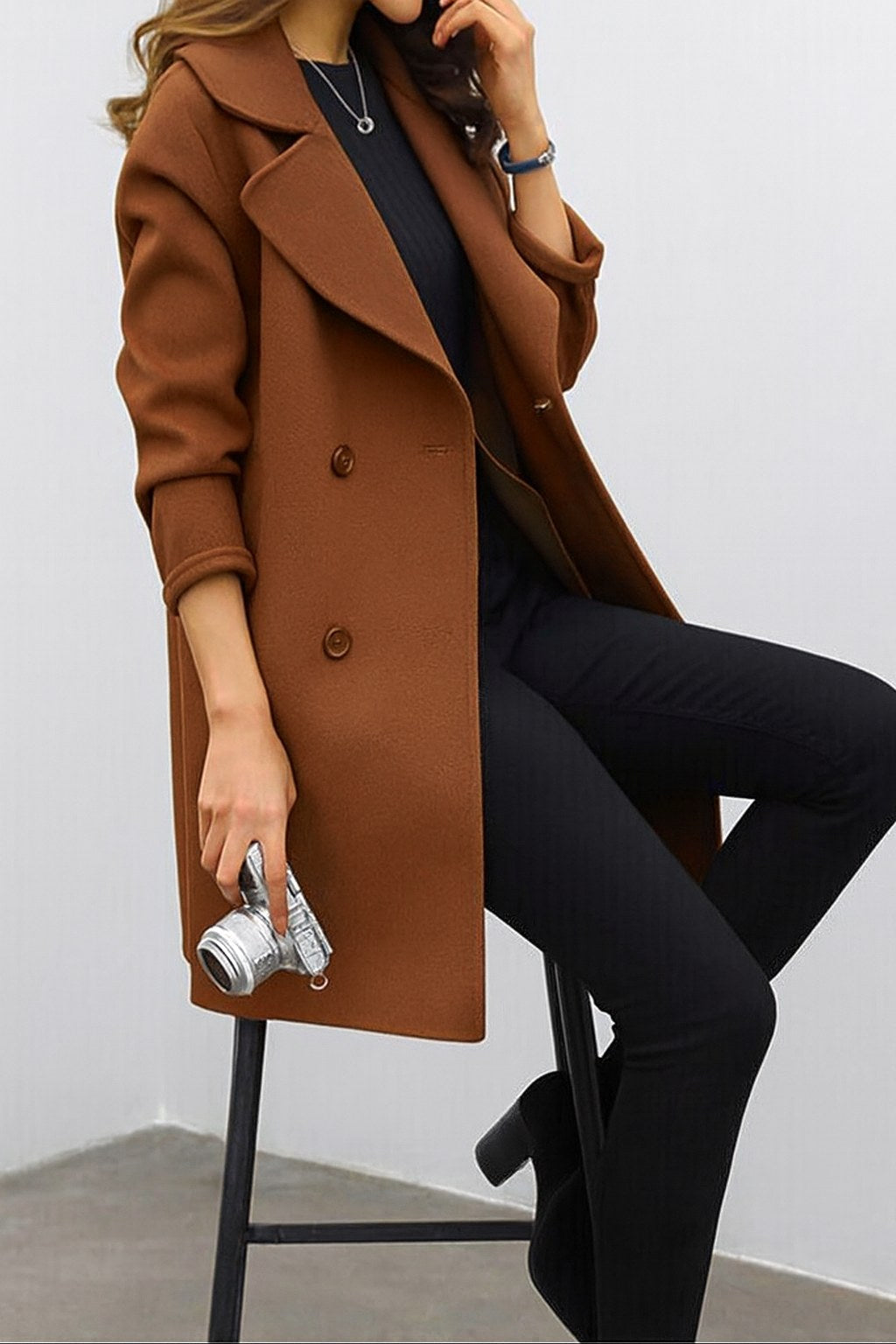 Genevieve | Women's Double Breasted Mid-Length Coat, Notched Lapel Autumn Coat | The Dress Cellar | Black