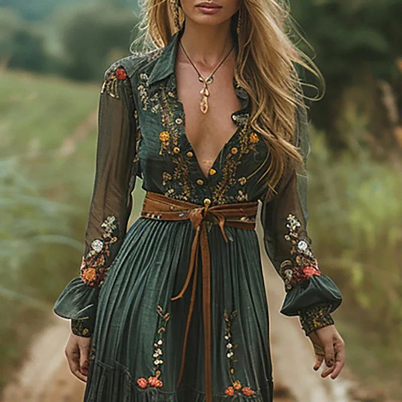 Georgia | Women's Bohemian Floral Maxi Dress - Dark Brown