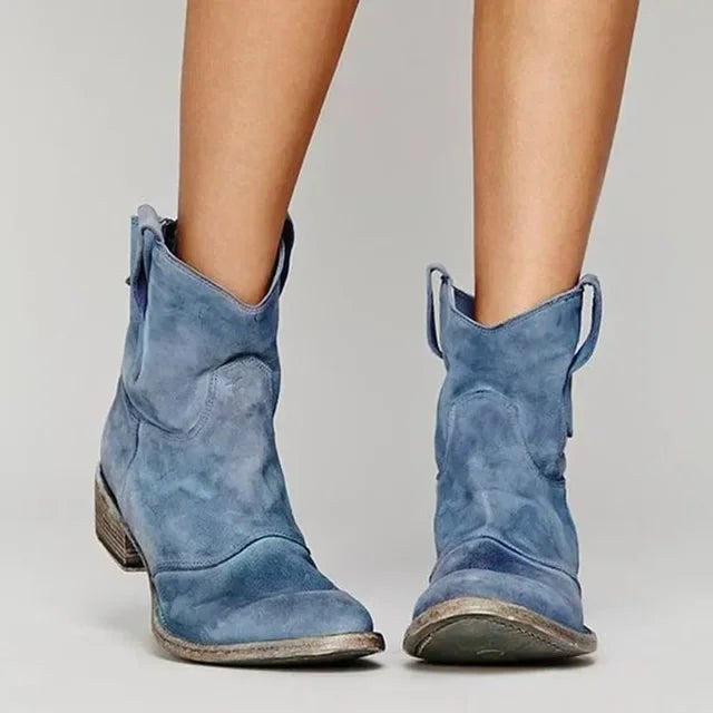 Georgia | Women's Vintage Cowboy Ankle Boots, Western-Inspired Style | The Dress Cellar | Blue