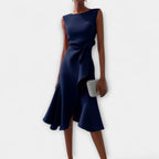 Grace | Women's Draped Asymmetric Midi Dress - Navy Blue