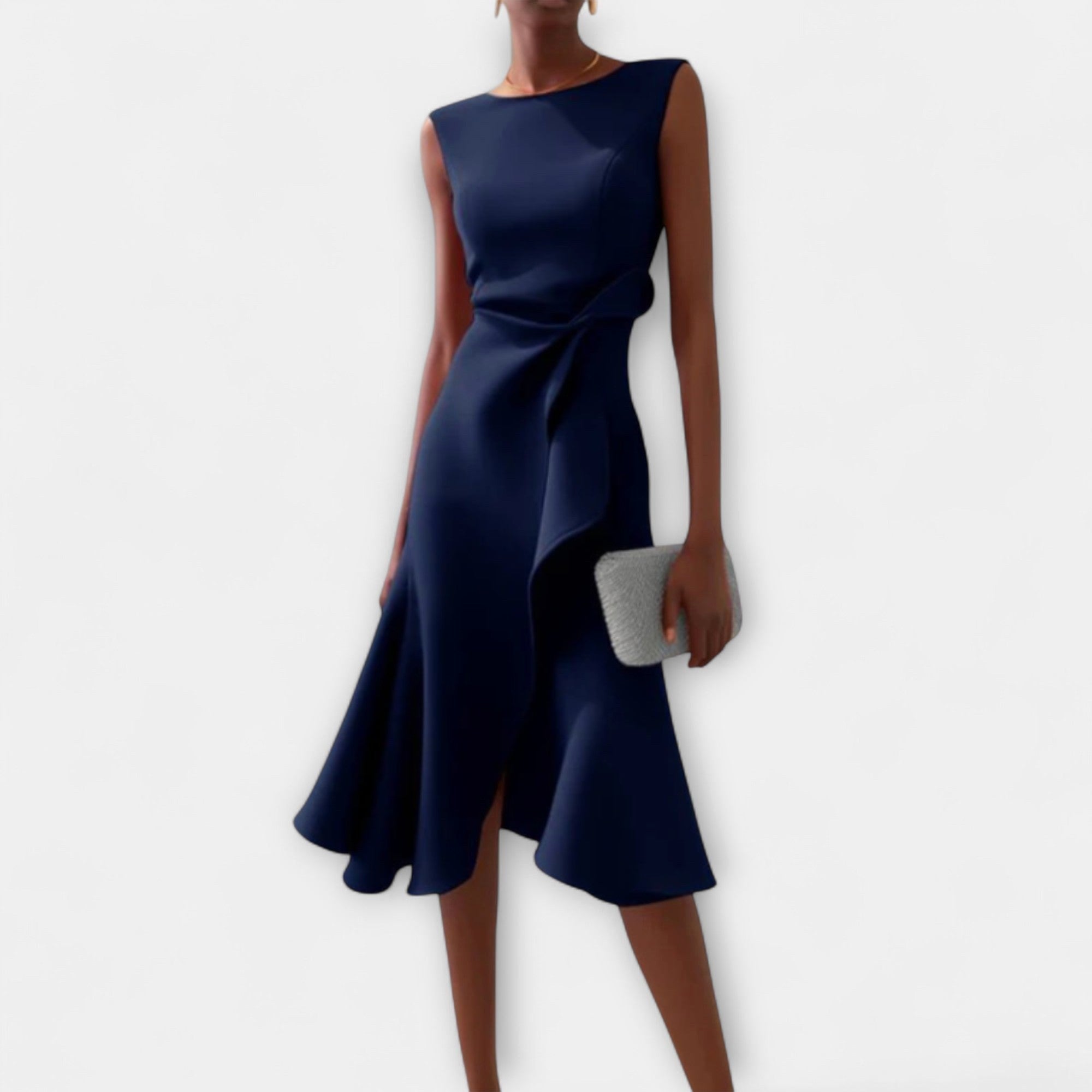Grace | Women's Draped Asymmetric Midi Dress - Navy Blue