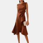 Grace | Women's Draped Asymmetric Midi Dress - Coffee