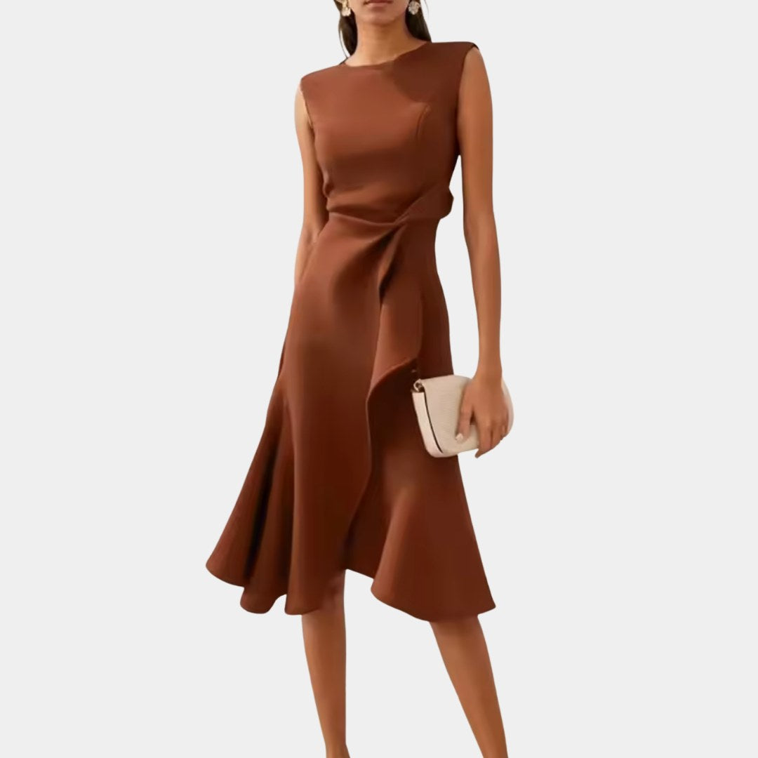 Grace | Women's Draped Asymmetric Midi Dress - Coffee