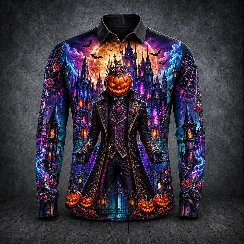 Grayson | Men's Gothic Print Long-Sleeve Shirt, Button-Up Halloween Shirt | The Dress Cellar | Black